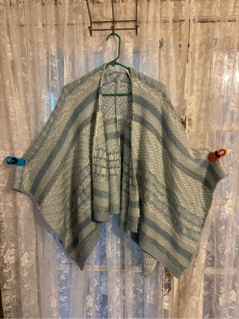 Cozy Striped Knit Poncho Cardigan - Soft blue and Cream boho